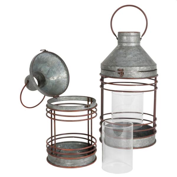 2er Set Zink Laterne mit Glas Windlicht im Industrie-Look